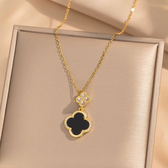 Titanium Steel Microinlaid Lucky Grass Necklace Earrings Set With Vacuum Furnace Electroplating Flower Pattern And Light Luxury Style
