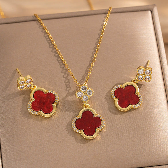 Titanium Steel Microinlaid Lucky Grass Necklace Earrings Set With Vacuum Furnace Electroplating Flower Pattern And Light Luxury Style