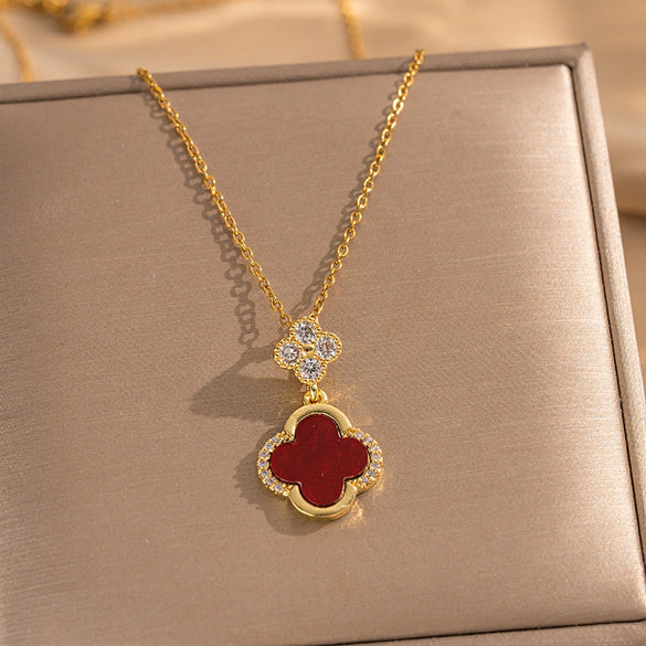 Titanium Steel Microinlaid Lucky Grass Necklace Earrings Set With Vacuum Furnace Electroplating Flower Pattern And Light Luxury Style