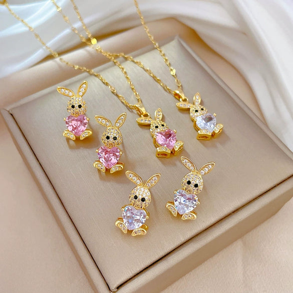 Titanium Steel Microinlaid Rabbit Geometric Style Electroplated Women's Necklace Earrings Set
