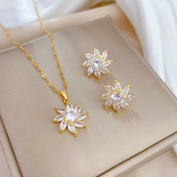Titanium Steel Microinlaid Rotating Flower Geometric Light Luxury Women's Necklace Earrings Set With Electroplating