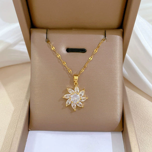 Titanium Steel Microinlaid Rotating Flower Geometric Light Luxury Women's Necklace Earrings Set With Electroplating