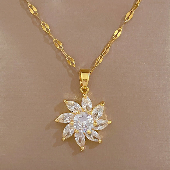 Titanium Steel Microinlaid Rotating Flower Geometric Light Luxury Women's Necklace Earrings Set With Electroplating