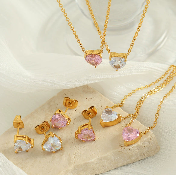 316L Stainless Steel Microinlaid Zircon Love Peach Heart Pendant Necklace And Earrings With Electroplating For Women