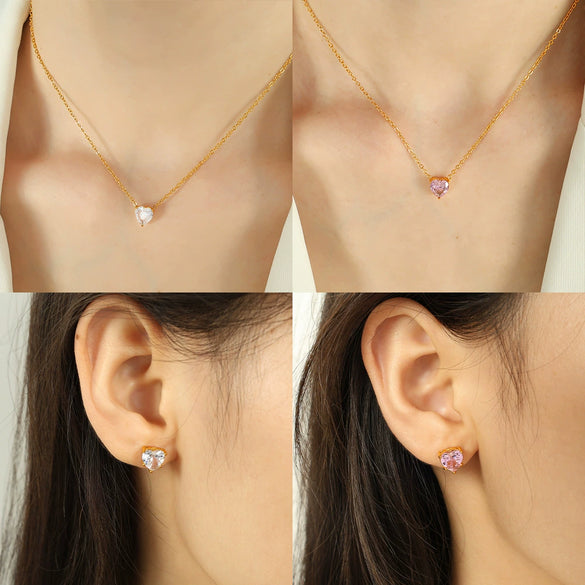 316L Stainless Steel Microinlaid Zircon Love Peach Heart Pendant Necklace And Earrings With Electroplating For Women