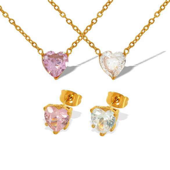 316L Stainless Steel Microinlaid Zircon Love Peach Heart Pendant Necklace And Earrings With Electroplating For Women