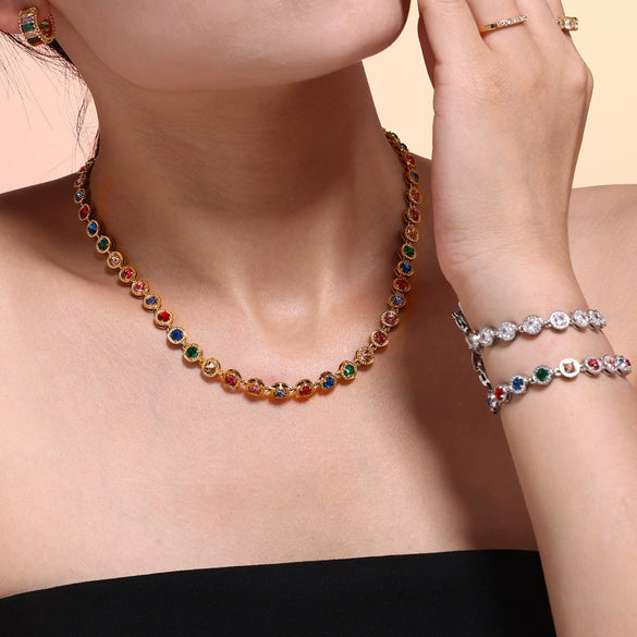 316L Stainless Steel Mixed Color 3A Zircon Bracelet And Necklace Jewelry Set With Pvd Vacuum Plating
