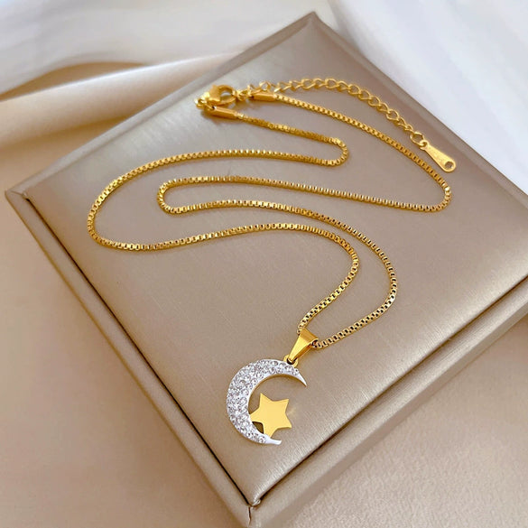 Titanium Steel Moon And Star Geometric Fashion Necklace For Women