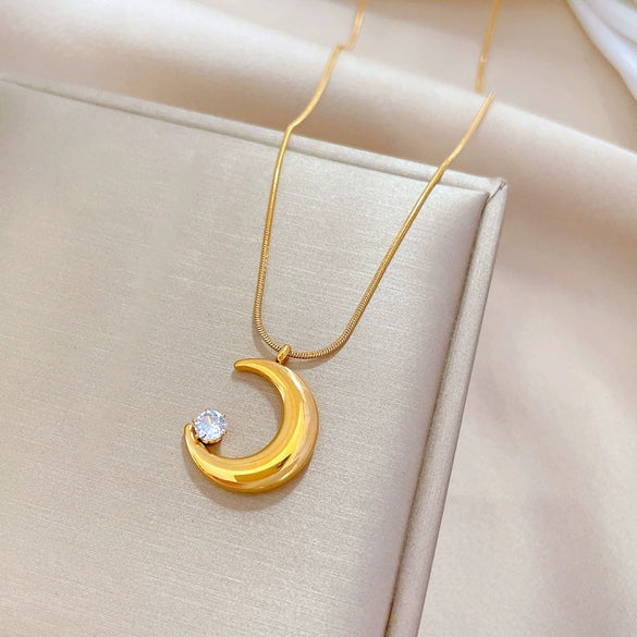 Titanium Steel Moon Zircon Geometric Cartoon Style Electroplated Unisex Necklace