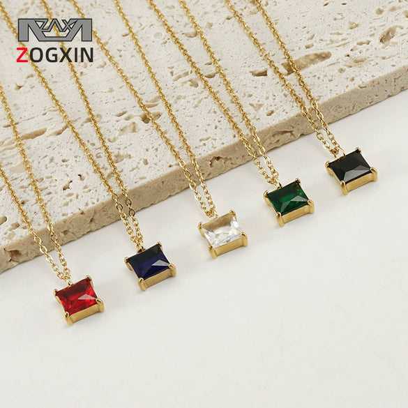 316L Stainless Steel Multicolor Zircon Geometric Pendant Clavicle Chain With Cross Chain Style For Women
