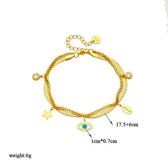 Titanium Steel Multilayer Stacked Turquoise Eyes Star Rhinestone Pendant Necklace And Bracelet Set For Women With Electroplating