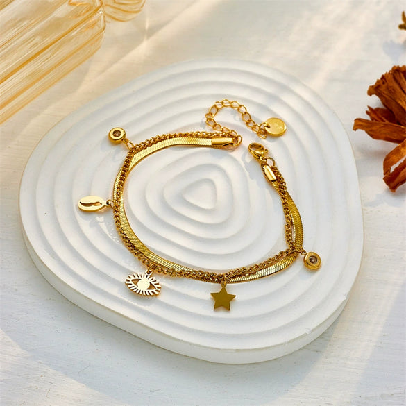 Titanium Steel Multilayer Stacked Turquoise Eyes Star Rhinestone Pendant Necklace And Bracelet Set For Women With Electroplating