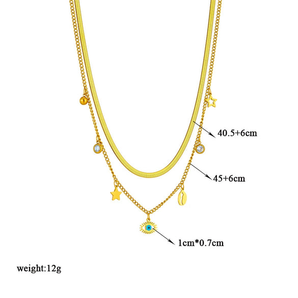 Titanium Steel Multilayer Stacked Turquoise Eyes Star Rhinestone Pendant Necklace And Bracelet Set For Women With Electroplating