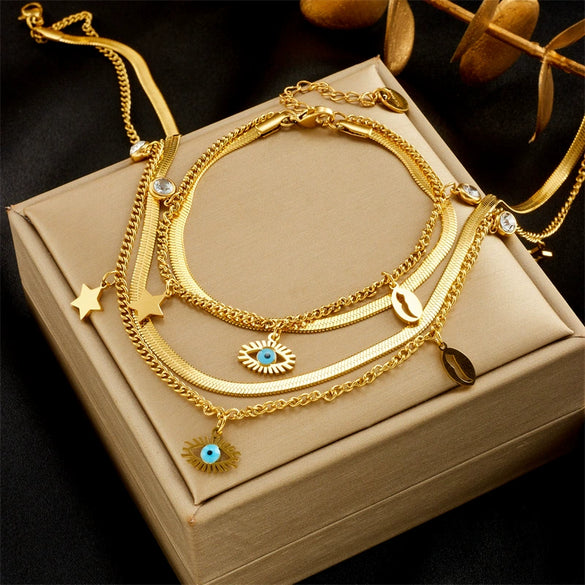 Titanium Steel Multilayer Stacked Turquoise Eyes Star Rhinestone Pendant Necklace And Bracelet Set For Women With Electroplating