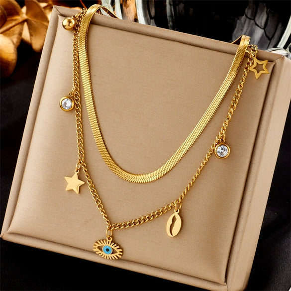 Titanium Steel Multilayer Stacked Turquoise Eyes Star Rhinestone Pendant Necklace And Bracelet Set For Women With Electroplating