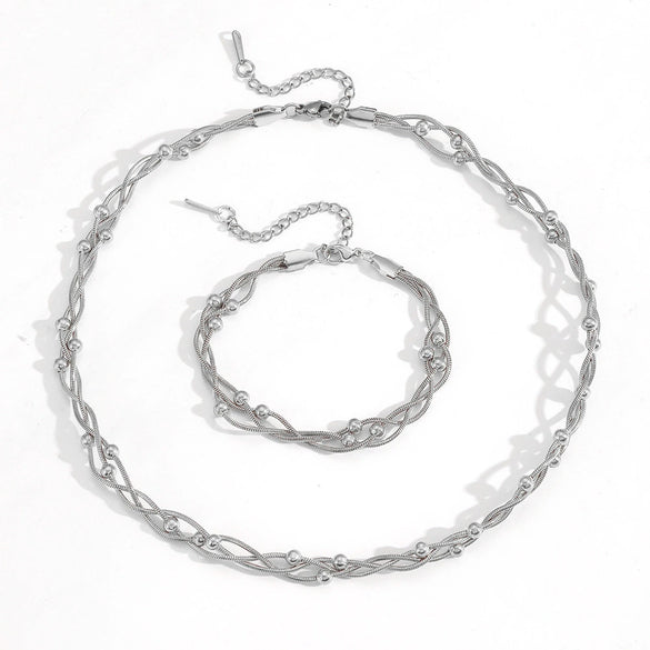 Titanium Steel Multistrand Cross Snake Chain Fashion Jewelry Bracelet Anklet Necklace Set With Diamonds