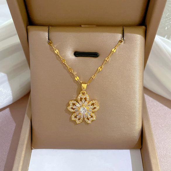 Titanium Steel Natural Plant Flowers Geometric Diamond Zircon Necklace For Women And Unisex