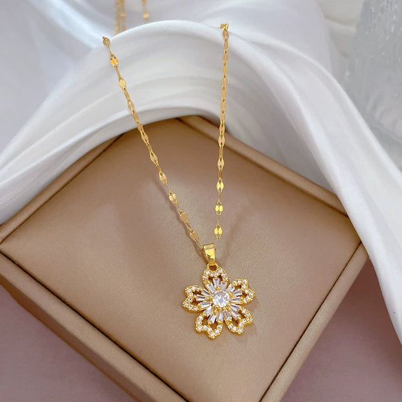 Titanium Steel Natural Plant Flowers Geometric Diamond Zircon Necklace For Women And Unisex