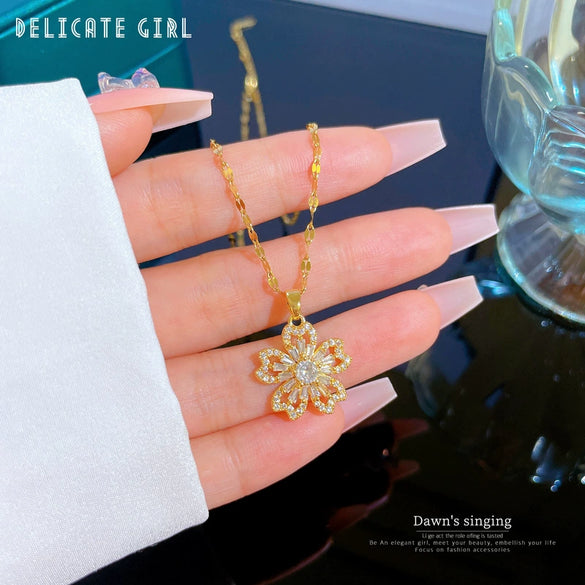 Titanium Steel Natural Plant Flowers Geometric Diamond Zircon Necklace For Women And Unisex