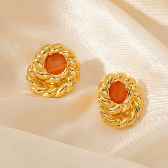 Titanium Steel Natural Stone Geometric Earrings With Electroplating Retro Light Luxury Style For Women