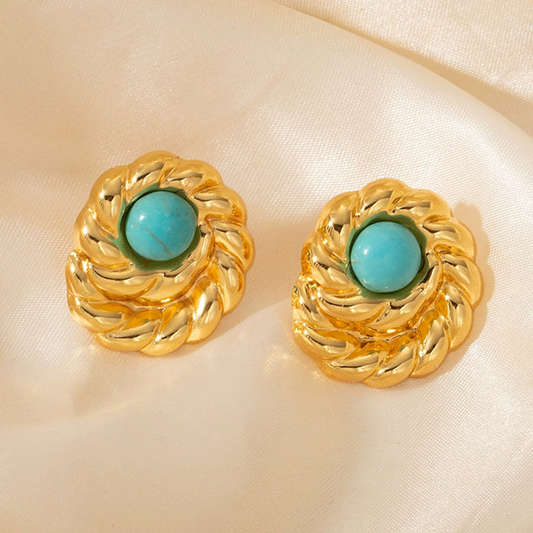 Titanium Steel Natural Stone Geometric Earrings With Electroplating Retro Light Luxury Style For Women