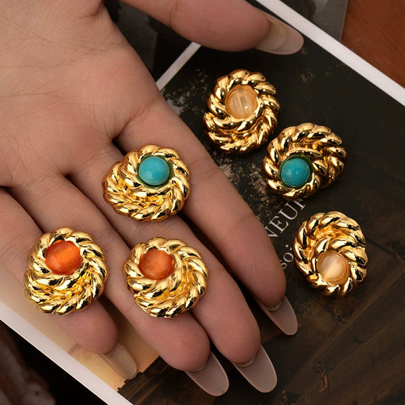 Titanium Steel Natural Stone Geometric Earrings With Electroplating Retro Light Luxury Style For Women