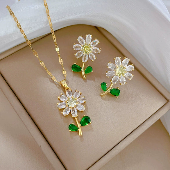 Titanium Steel Natural Style Geometric Green Leaf Flower Earrings Necklace Set With Electroplating For Women