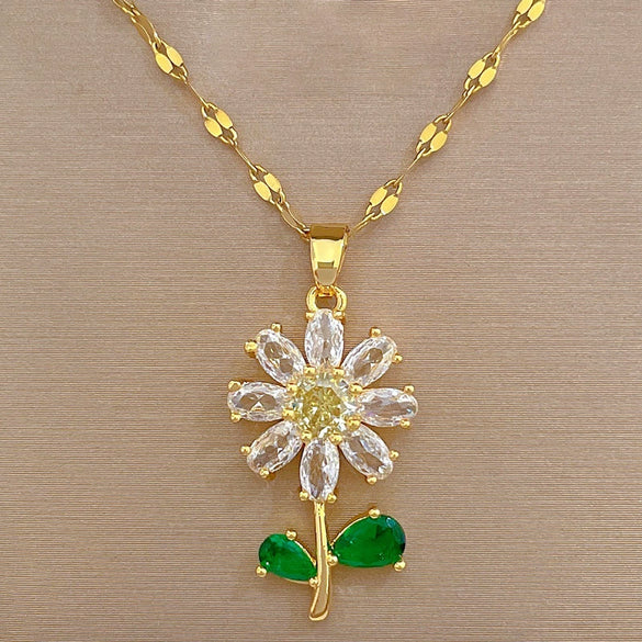 Titanium Steel Natural Style Geometric Green Leaf Flower Earrings Necklace Set With Electroplating For Women