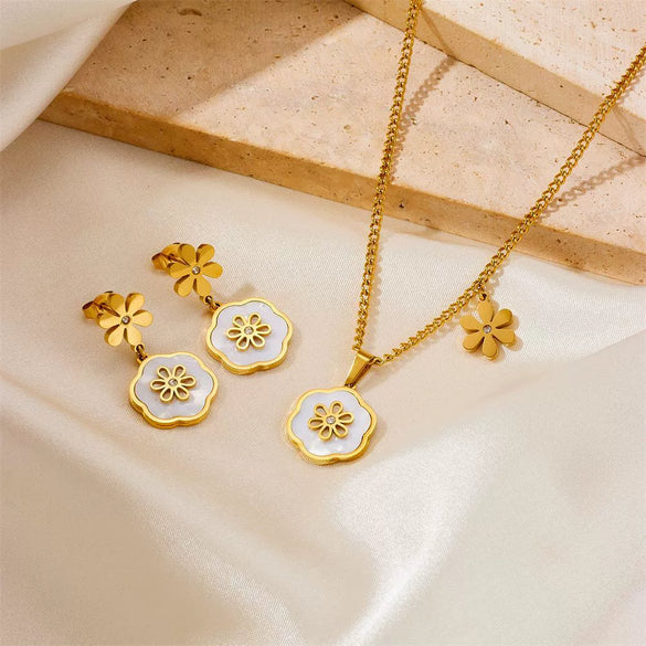 Titanium Steel Natural Style Geometric Plant Flowers Gold Plated Accessories Pendant Bracelet Necklace Earring Set For Women