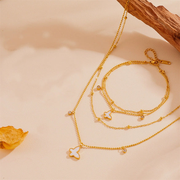 Titanium Steel Necklace Bracelet Set With Butterfly And Plant Flowers Design