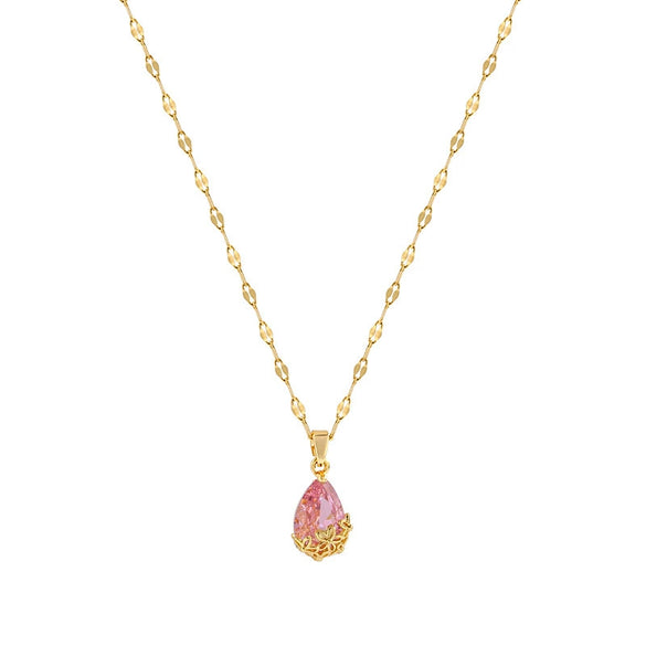 Titanium Steel Necklace Female 18K Gold Plated Water Drop Pendant With Diamond Design And Ochain