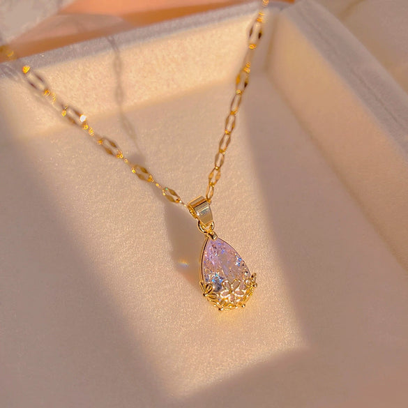 Titanium Steel Necklace Female 18K Gold Plated Water Drop Pendant With Diamond Design And Ochain