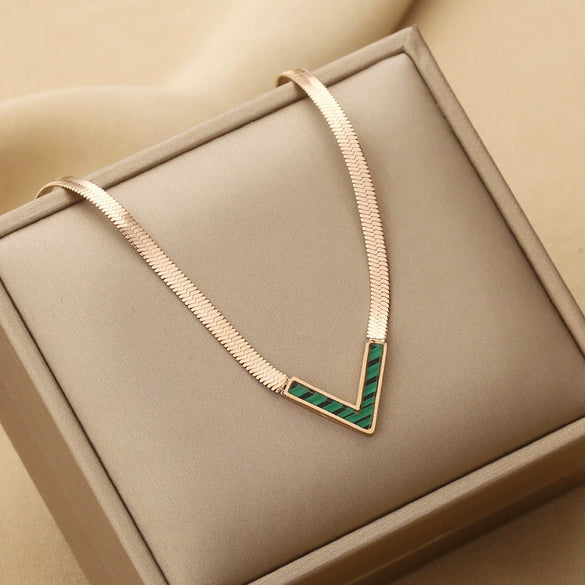 Titanium Steel Necklace Mixed Gem Inlay Geometric Style Blade Chain 18K Gold Plated For Women