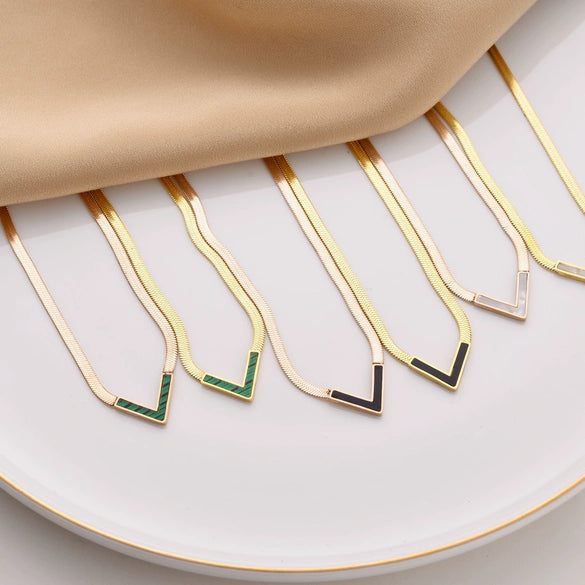 Titanium Steel Necklace Mixed Gem Inlay Geometric Style Blade Chain 18K Gold Plated For Women