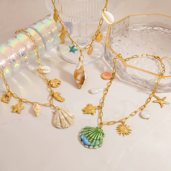 Titanium Steel Necklace With Conch Shell Starfish Pendant Geometric Shape Electroplated For Women