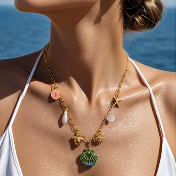 Titanium Steel Necklace With Conch Shell Starfish Pendant Geometric Shape Electroplated For Women