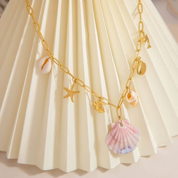 Titanium Steel Necklace With Conch Shell Starfish Pendant Geometric Shape Electroplated For Women