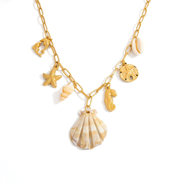 Titanium Steel Necklace With Conch Shell Starfish Pendant Geometric Shape Electroplated For Women