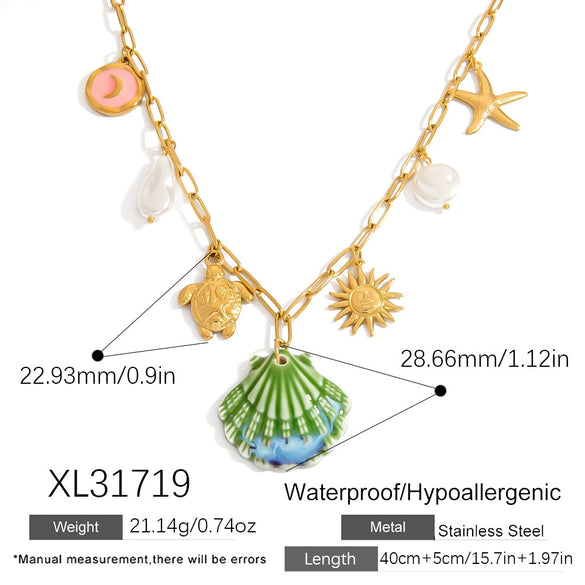 Titanium Steel Necklace With Conch Shell Starfish Pendant Geometric Shape Electroplated For Women