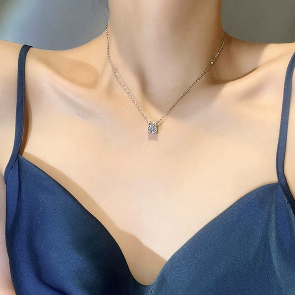 Titanium Steel Necklace With Geometric Zircon Pendant And Diamond Design For Women