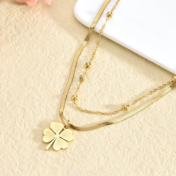 Titanium Steel Necklace With Love Heart And Four Leaf Clover Geometric Pattern Box Chain