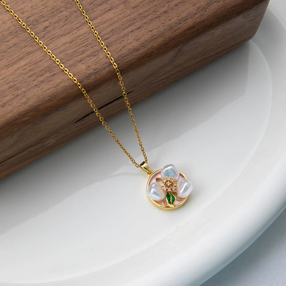 Titanium Steel Necklace With Oil Pearl Flower Microinlaid Zircon Copper Pendant Electroplated With 18K Gold Geometric And Flower Pattern For Women