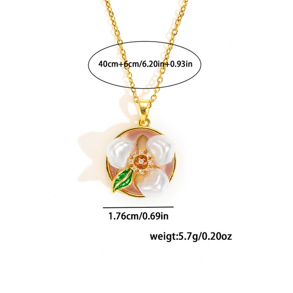 Titanium Steel Necklace With Oil Pearl Flower Microinlaid Zircon Copper Pendant Electroplated With 18K Gold Geometric And Flower Pattern For Women