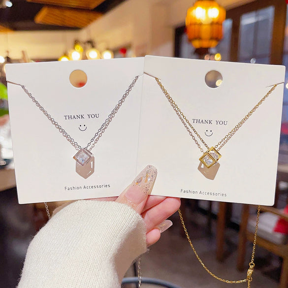 Titanium Steel Necklace With Threedimensional Square Exquisite Zircon Pendant And Geometric Style For Women