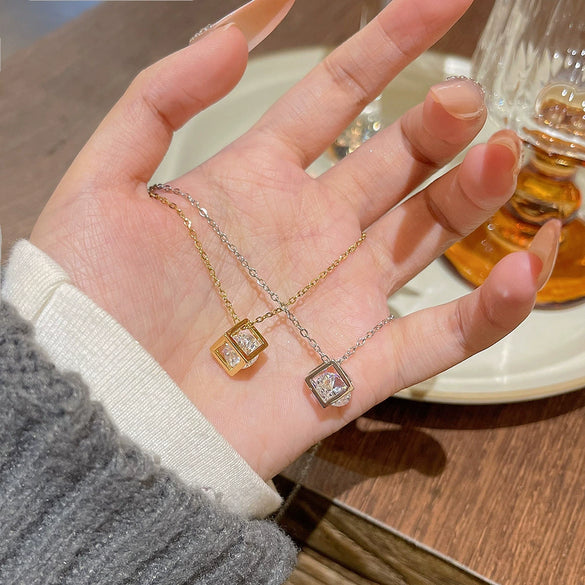 Titanium Steel Necklace With Threedimensional Square Exquisite Zircon Pendant And Geometric Style For Women