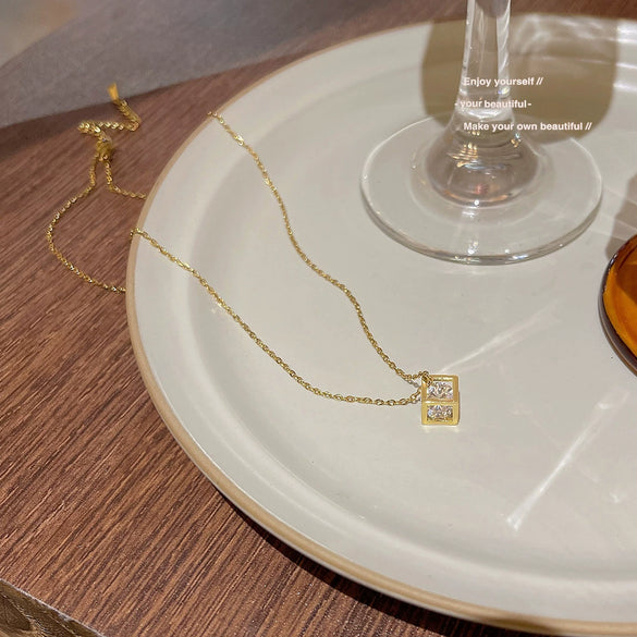 Titanium Steel Necklace With Threedimensional Square Exquisite Zircon Pendant And Geometric Style For Women