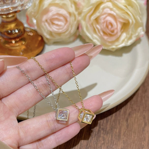 Titanium Steel Necklace With Threedimensional Square Exquisite Zircon Pendant And Geometric Style For Women