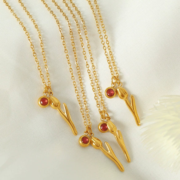 316L Stainless Steel Necklace With Tulip Rhinestone Pendant 18K Gold Plated Simple Style For Women