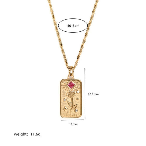 Titanium Steel Niche Design Rectangular Stereo Relief Flower Sun God Eightpointed Star Necklace With Twist Chain