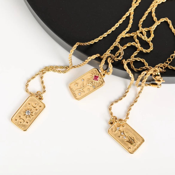 Titanium Steel Niche Design Rectangular Stereo Relief Flower Sun God Eightpointed Star Necklace With Twist Chain